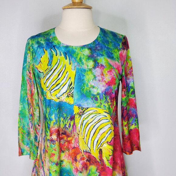 Leoma Lovegrove Top Colorful Fish Print Asymmetrical Artsy Unique Novelty M - Picture 2 of 12